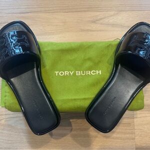 Tory Burch Black Patent Logo Slide Mules